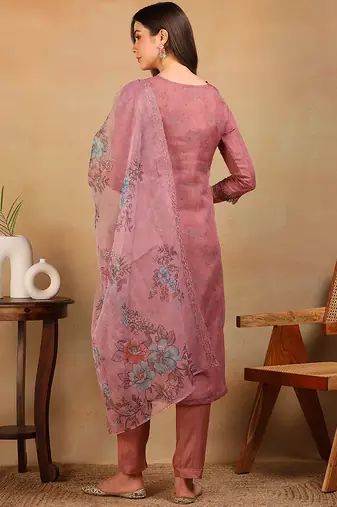 women mauve organza floral embroidered straight regular kurta pant with dupatta