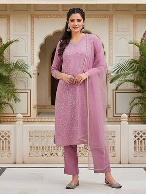 women lavender silk blend solid embroidered straight kurta pant with dupatta 1