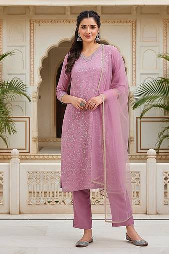 women lavender silk blend solid embroidered straight kurta pant with dupatta