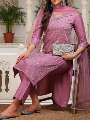 women lavender silk blend solid embroidered straight kurta pant with dupatta 2