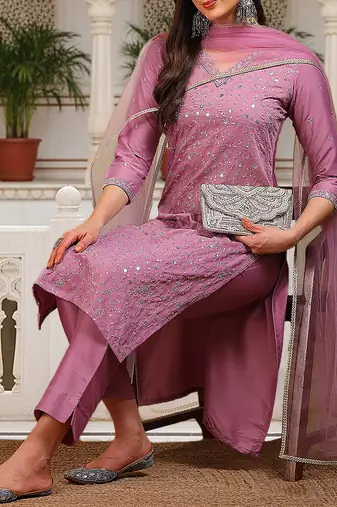 women lavender silk blend solid embroidered straight kurta pant with dupatta