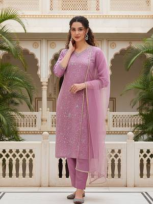 women lavender silk blend solid embroidered straight kurta pant with dupatta 3