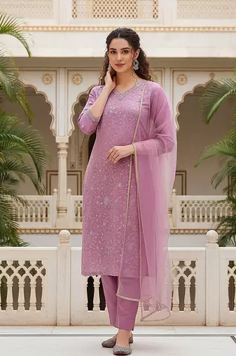women lavender silk blend solid embroidered straight kurta pant with dupatta