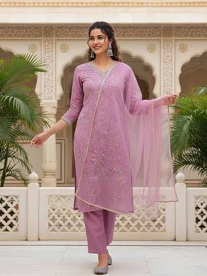 women lavender silk blend solid embroidered straight kurta pant with dupatta 4