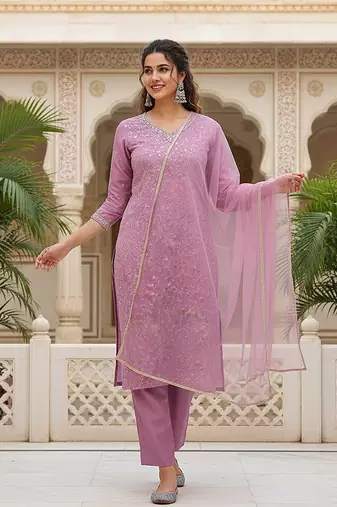 women lavender silk blend solid embroidered straight kurta pant with dupatta