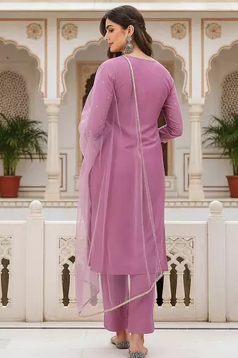 women lavender silk blend solid embroidered straight kurta pant with dupatta