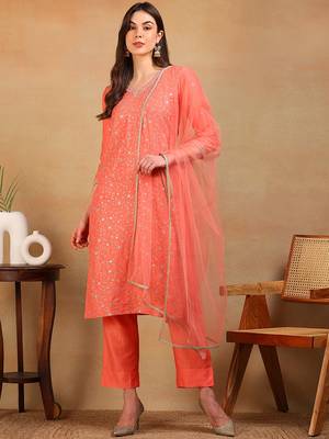 women coral silk blend solid embroidered straight regular kurta pant with dupatta 1