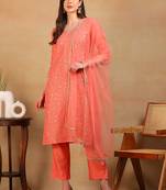 women coral silk blend solid embroidered straight regular kurta pant with dupatta