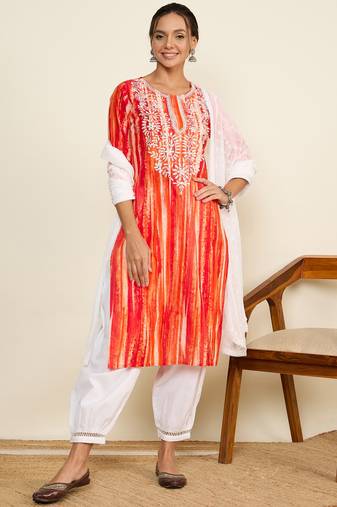 Winered woman orange embroidered neck straight kurta set with dupatta