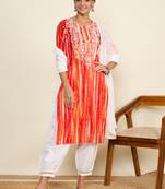 Winered woman orange embroidered neck straight kurta set with dupatta
