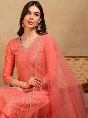 women coral silk blend solid embroidered straight regular kurta pant with dupatta 2