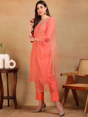 women coral silk blend solid embroidered straight regular kurta pant with dupatta 3