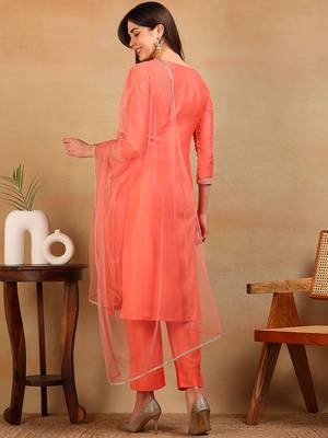 women coral silk blend solid embroidered straight regular kurta pant with dupatta 4