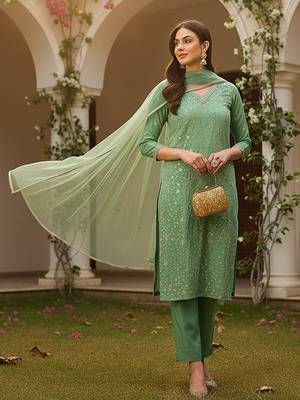 women green silk blend solid embroidered straight kurta pant with dupatta 1