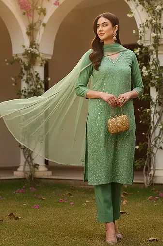 women green silk blend solid embroidered straight kurta pant with dupatta