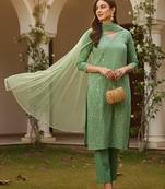 women green silk blend solid embroidered straight kurta pant with dupatta