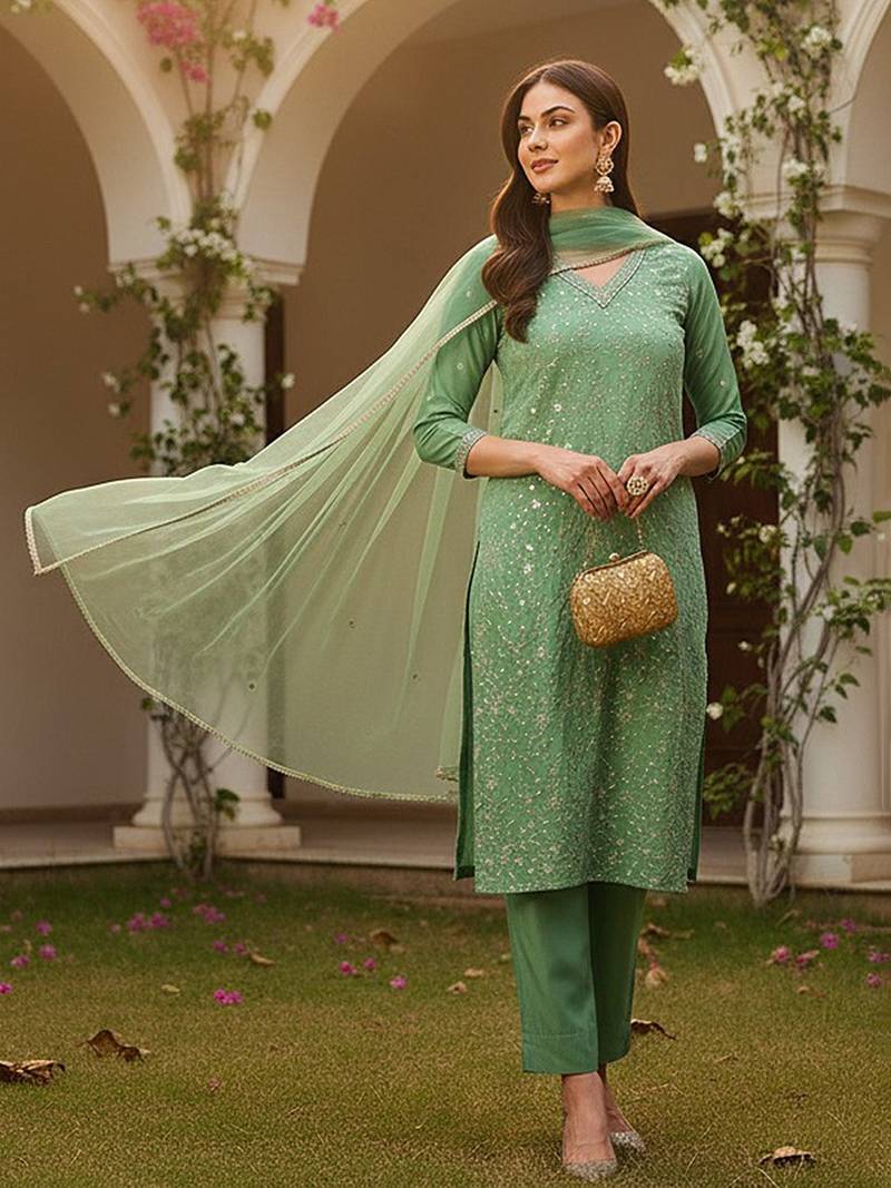 women green silk blend solid embroidered straight kurta pant with dupatta