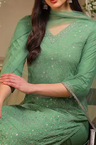 women green silk blend solid embroidered straight kurta pant with dupatta