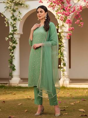women green silk blend solid embroidered straight kurta pant with dupatta 3