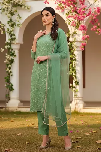 women green silk blend solid embroidered straight kurta pant with dupatta
