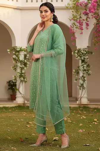 women green silk blend solid embroidered straight kurta pant with dupatta