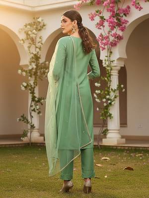 women green silk blend solid embroidered straight kurta pant with dupatta 5
