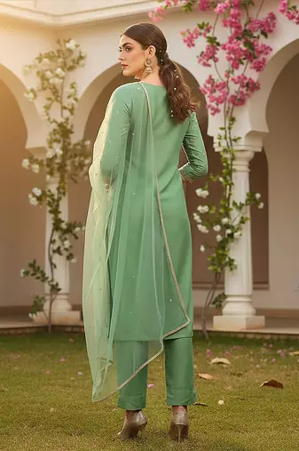 women green silk blend solid embroidered straight kurta pant with dupatta