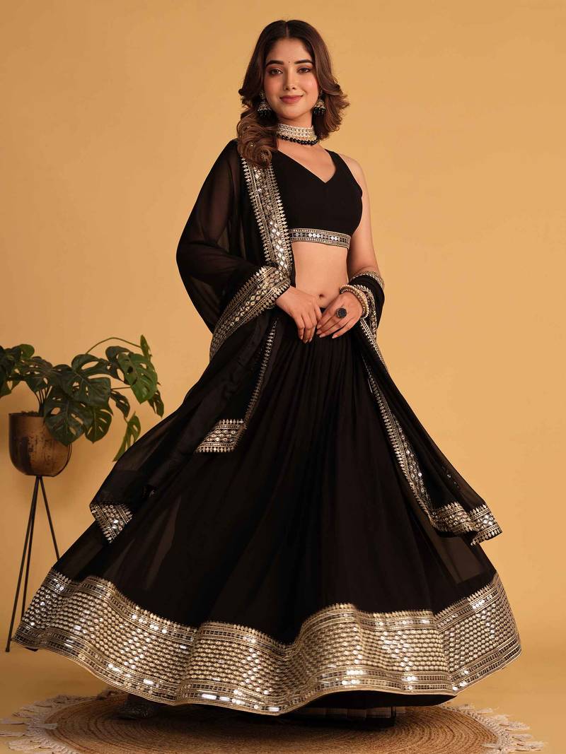 Black Georgette Bollywood Lehenga Choli Set with Stunning Zari Embroidery