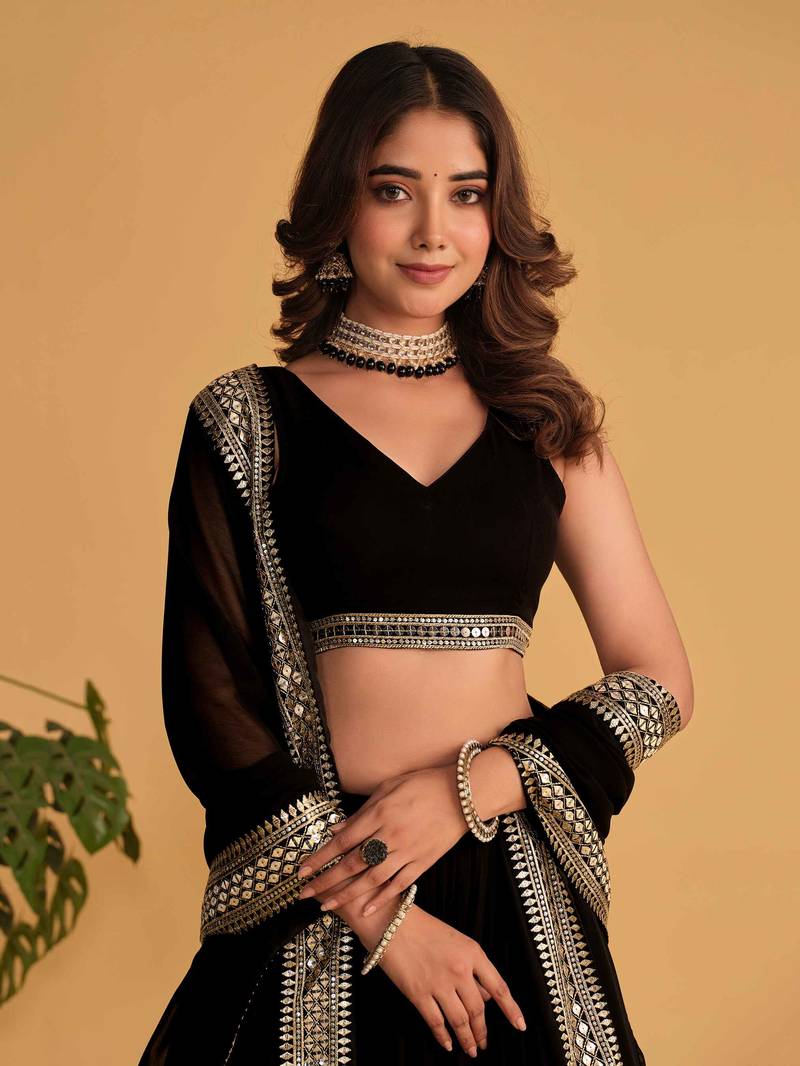 Black Georgette Bollywood Lehenga Choli Set with Stunning Zari Embroidery