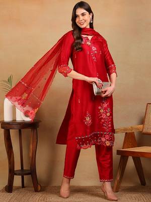 women red silk blend solid embroidered straight regular kurta pant with dupatta 1