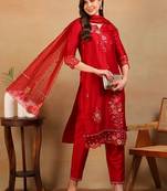women red silk blend solid embroidered straight regular kurta pant with dupatta