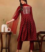 women maroon silk blend solid woven design flared empire kurta pant with dupatta