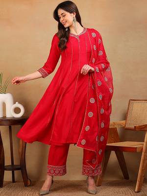 Rose red silk blend solid embroidered flared empire kurta pant with dupatta 1