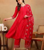 Rose red silk blend solid embroidered flared empire kurta pant with dupatta