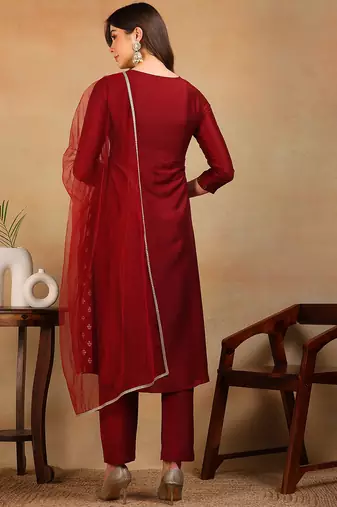 women maroon silk blend solid woven design flared empire kurta pant with dupatta