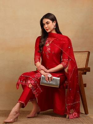 women red silk blend solid embroidered straight regular kurta pant with dupatta 5