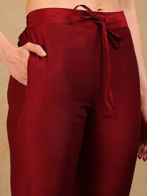 women maroon silk blend solid woven design flared empire kurta pant with dupatta 5