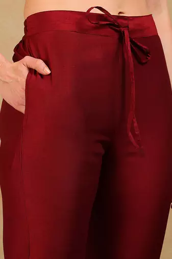 women maroon silk blend solid woven design flared empire kurta pant with dupatta