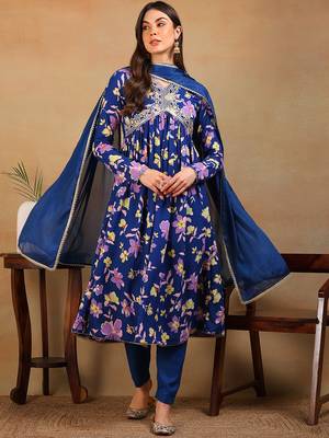 women blue poly georgette floral printed flared kurta pant with dupatta 1