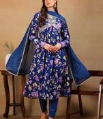 women blue poly georgette floral printed flared kurta pant with dupatta