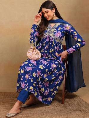 women blue poly georgette floral printed flared kurta pant with dupatta 2