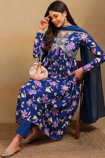 women blue poly georgette floral printed flared kurta pant with dupatta