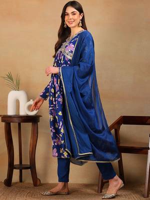 women blue poly georgette floral printed flared kurta pant with dupatta 3