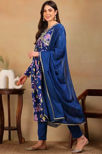 women blue poly georgette floral printed flared kurta pant with dupatta