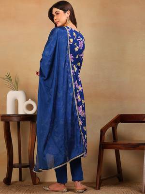 women blue poly georgette floral printed flared kurta pant with dupatta 4