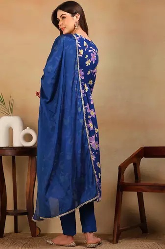 women blue poly georgette floral printed flared kurta pant with dupatta