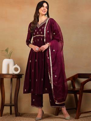 women purple silk blend solid embroidered flared empire kurta pant with dupatta 1
