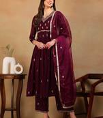 women purple silk blend solid embroidered flared empire kurta pant with dupatta