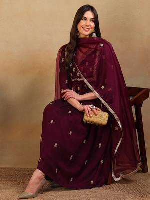 women purple silk blend solid embroidered flared empire kurta pant with dupatta 2