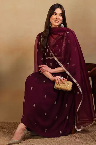 women purple silk blend solid embroidered flared empire kurta pant with dupatta
